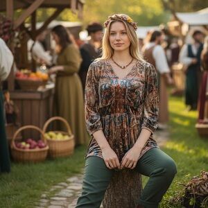 Y2K Brown Velvet Babydoll Top Baroque Boho Paisley Print Fairy Grunge Medium